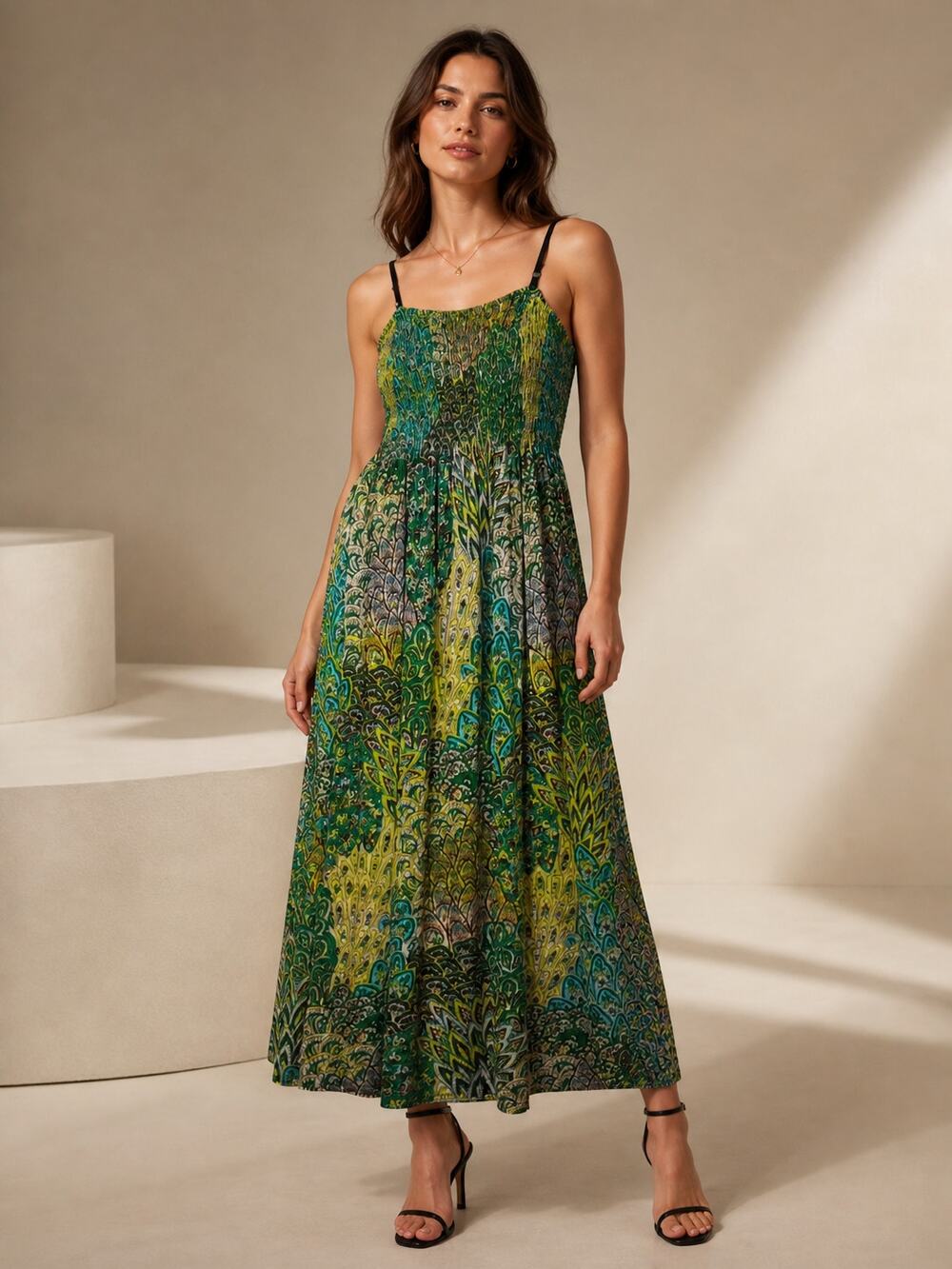 Shoreline Smocked‎ Maxi Dress Green Paisley Boho Festival Y2K Size M